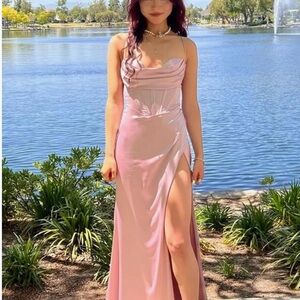 NWT Size 2 Satin Mermaid Formal Evening Party Gown with Slit Rose Gold